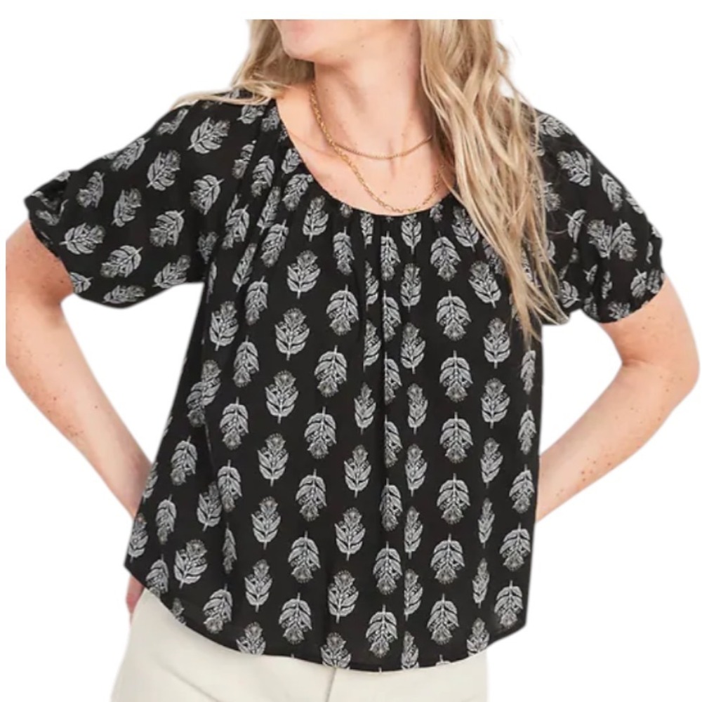 OLD NAVY Black Floral Leaf Print PUFF SLEEVE FLOWY TOP Peasant Oval Tie Back M
